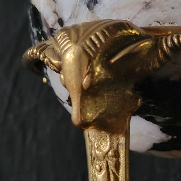 Vtg Brass Ram Head and Hoof Stand w/ Black & White Marble Sphere, Dark Academia - Picture 3 of 8